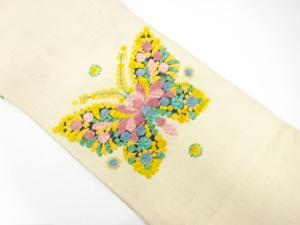 アンティーク　手織り真綿紬　蝶模様刺繍名古屋帯